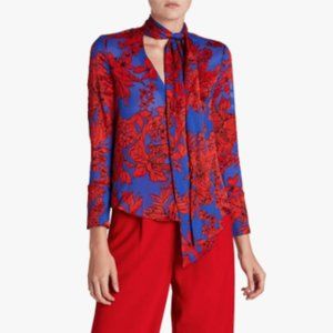 Alice and Olivia ∙ Blue Red Floral Blouse with Front Tie - Size L